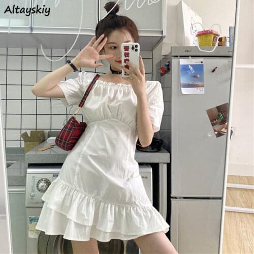 Dress Women Asymmetrical Ruffles Mini Vestido Fashion Solid Square Collar Girls Elastic Students Chic Leisure High-street Summer