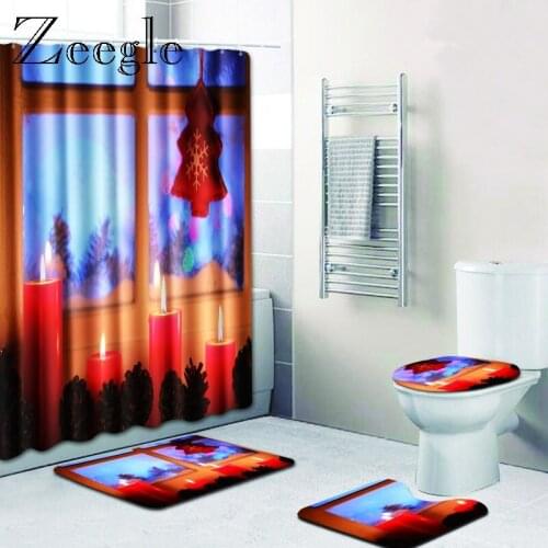 Zeegle Christmas Bath Mat with Shower Curtain Set Toilet U Type Mat Toilet Seat Cover Washable Bath Mat Toilet Rug Bathroom Mat