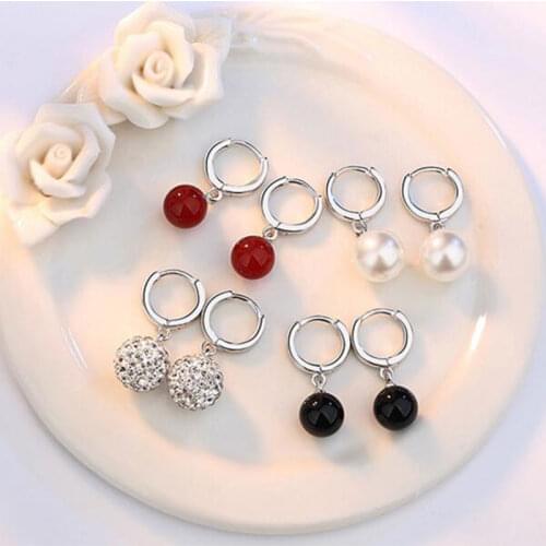 925 Sterling Silver Full Zircon Crystal Ball Moonstone Pearl Pendant Hoop Earrings For Women Jewelry Gifts Wholesale S-E317