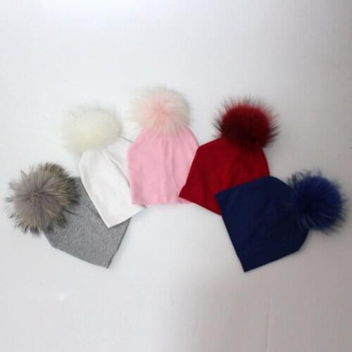 6-24months Baby Cotton Beanies with Real Fur Pompom 5 Colors Slouchy Kids Hat for Boys and Girls