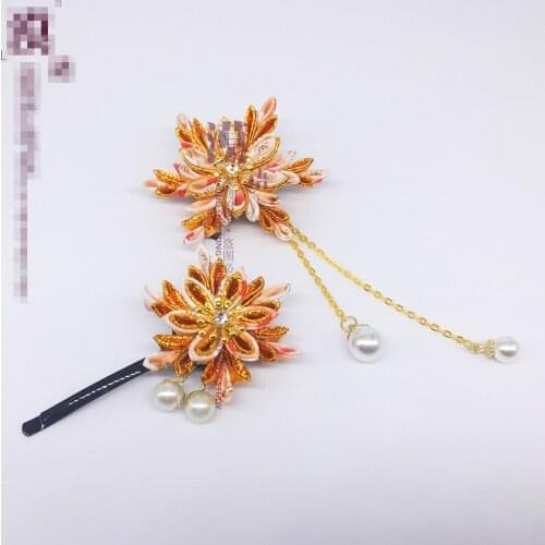 Japanese Stlye Yukata Hair Decoration Classic Flower Cloth Hairpin Golden Classic Headwear Handmade Hair Accessories