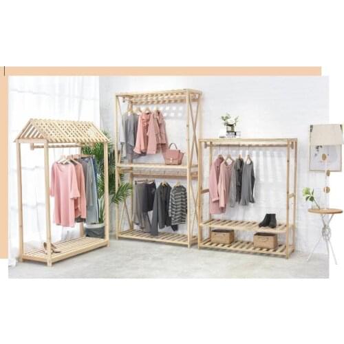 Clothing store retro womens clothes hangers, high-end shelves, solid wood landing display shelves