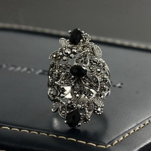 Iutopian Vintage ring For Women Jewelry Vintage Silver Long Black Crystal ring #RAJ122