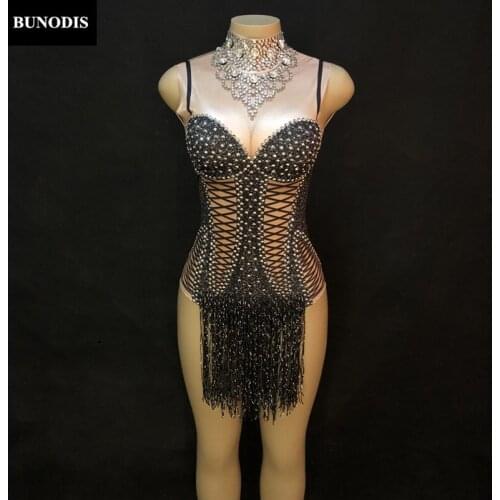ZD379 Women Sexy Bodysuit Black Tassel Silver Big Sparkling Crystals Jumpsuit Nightclub Party Stage Wear Dancer Singer Costume