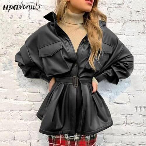 2020 New Fashion Punk PU Jacket Women Lapel Pocket Single-breasted Bat Sleeve Jacket Belt Slim Faux Leather Soft Leather Jacket
