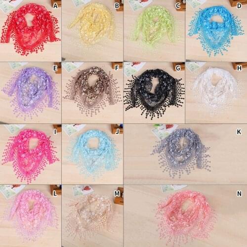 Women Chic Lace Sheer Scarf Silk Flower Femal Floral Lace Triangle Scarf Tassel Shawl Headscarf