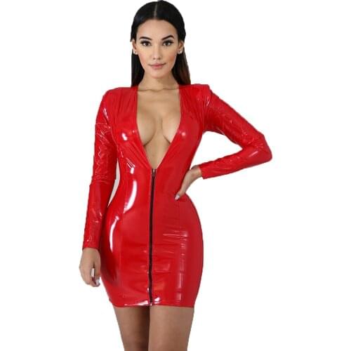 Wet Look Shiny Dress Women PU Leather Long Sleeve Sexy Deep V-neck Package Hip Zipper Sheath Dresses Clubwear Mini Vestidos