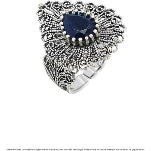 Silver Filigree Stem Sapphire Stone Women Ring