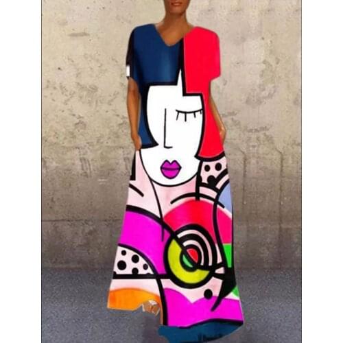 European Abstract Dress Oversize Women Casual Cartoon Face Print Patchwork Summer V Neck Vintage Long Maxi A-line Dress Vestidos
