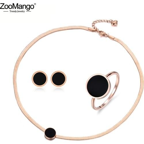 ZooMango Trendy Black Acrylic Stainless Steel Snake Chain Thin Necklace Bracelet Earrings Rings Jewelry Sets For Women ZSE004