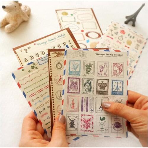 6 Sheets Vintage Stamp Stickers DIYScrapbooking Diary Journal Planner Stickers Kawaii Stationery Stickers School Office Supplies