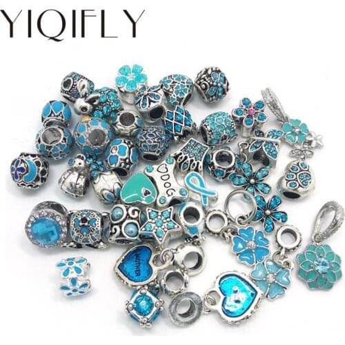 Free shipping new 40pcs mix style lake blue color rhinestone and oil-drip charms beads fit European Pandora bracelet DIY
