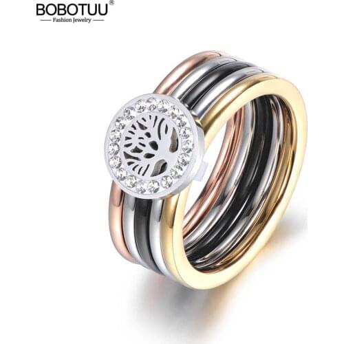 BOBOTUU Colorful Gold CZ Crystal Life Tree Rings Jewelry Titanium Steel Wedding Engagement Ring For Women Gift Anneaux BR18015