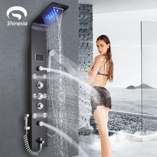Black/Brushed Stainless Steel 6-Function Waterfall LED Rain Shower Panel W/Massage System Tub Spout W/ Handshower Shower Column
