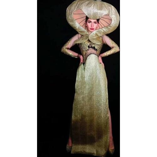 Women New Black Gold Shining Rhinestones See Through Cobra Long Sleeve Dress Singer Dancer Outfit Birthday Celebrate Prom Dress