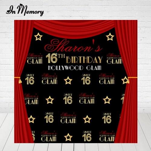 InMemory Girls Sweet 16 Birthday Party Backdrops Black Red Curtain Repeat Gold Text Hollywood Party Photography Backgrounds