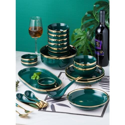 Emerald Green Ceramic Gold Inlay Western Food Steak Pasta Fish Plate Salad Soup Rice Bowl Seasoning Dish Porcelain Tableware Set