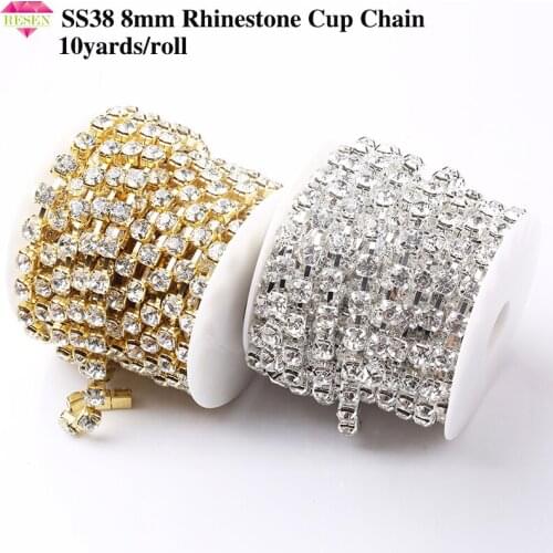RESEN SS38 8mm Crystal Clear Rhinestone Gold/Sliver Cup Chain In Roll Rhinestone Chain Crystal AB For DIY Jewelry Accessories