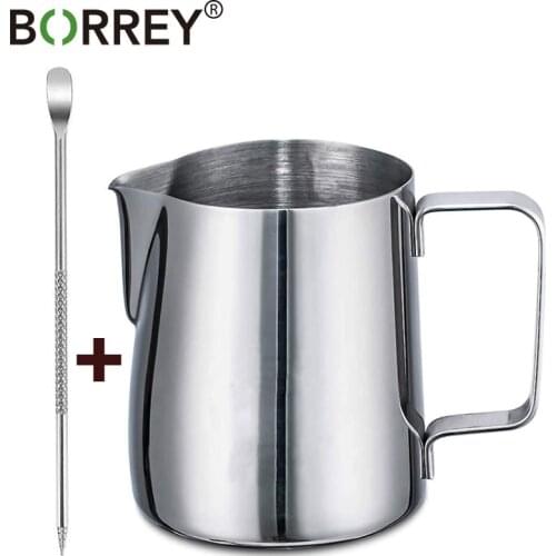 BORREY Stainless Steel Coffee Pitcher Mug Milk Frothing Pitcher Latte Art Steam Pitchers Milk Cream Jug Cup With Decorating Pen