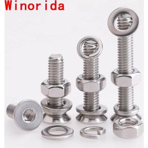 M8M10M12 Stainless Steel 304 Countersunk Head Socket Head Cap Screw Nut Gasket Spring Pad Set 5Pcs