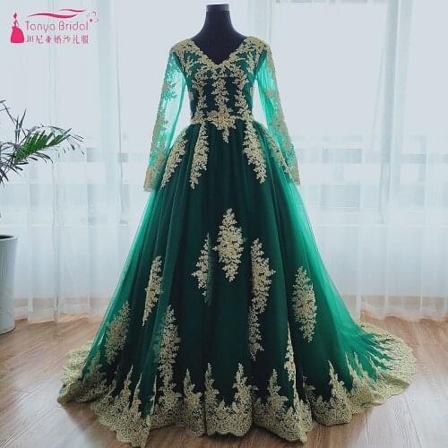 TANYA Muslim Wedding Dresses Green Orange With Gold Lace Appliques Beading Fashion Bridal Gown JQ514