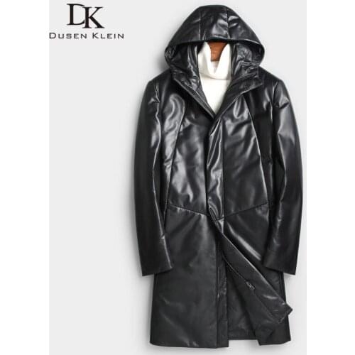 Mens Genuine Leather Down Jacket Winter Warm Long Coat Black Hooded Outerwear Sheepskin 2018 New Designer Brand Luxury x6803