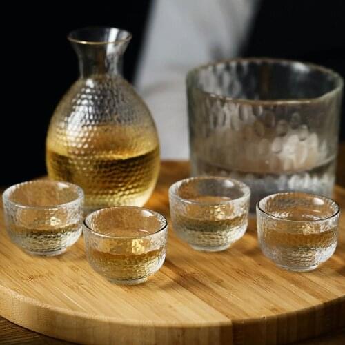 6Pcs/Set Glass Sake Set Japanese Flagon Liquor Pot Cup Home Kitchen Cup Drinkware Wine Crystal Glass Sets Sake Pot Glass Cup
