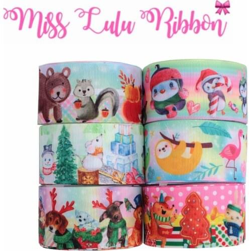 16mm-75mm Christmas Series Cartoon Animal Squirrel Sloth Printed Grosgrain/Foe Ribbon Cute Dog DIY Hair Bowknots 50yards/roll