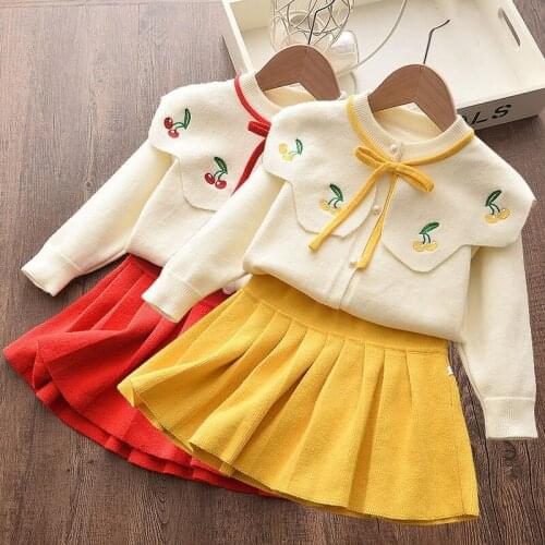 Baby girl clothes winter knitted sweater two-piece cherry bow cute sweater baby sweater dress warm baby girl sweater suit skirt