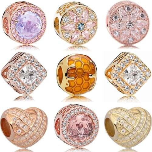 Rose Golden Geometric Radiance Hearts Opulent Floral Ribbon-inspired 925 Sterling Silver Beads Fit Europe Bracelet DIY Jewelry