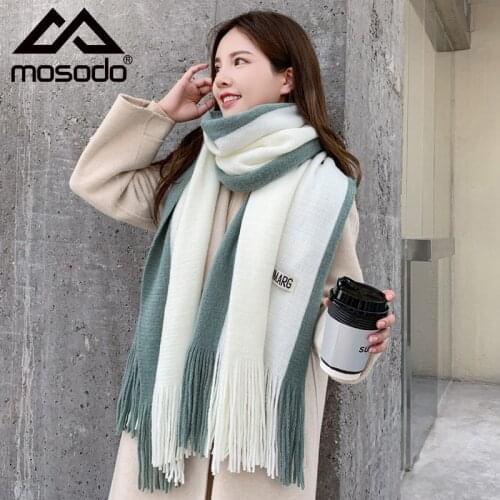 Mosodo Women Winter Warm Scarf 2 Tone Shawls Lady Thick Long Warps Knit Tassel Scarves Men Soft foulard femme 2020 Brand New