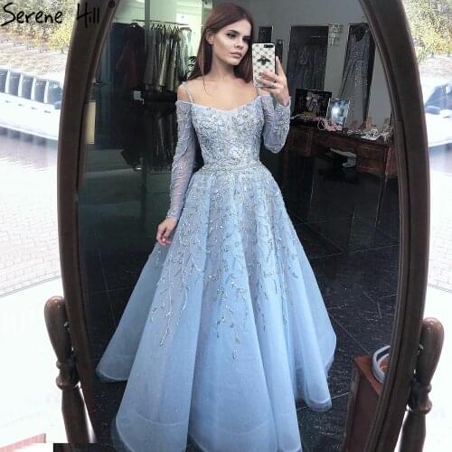 Serene Hill Blue Luxury A-Line Evening Dresses Gowns Long 2021 Beading Spaghetti Strap Sexy For Women Party Night BLA70812
