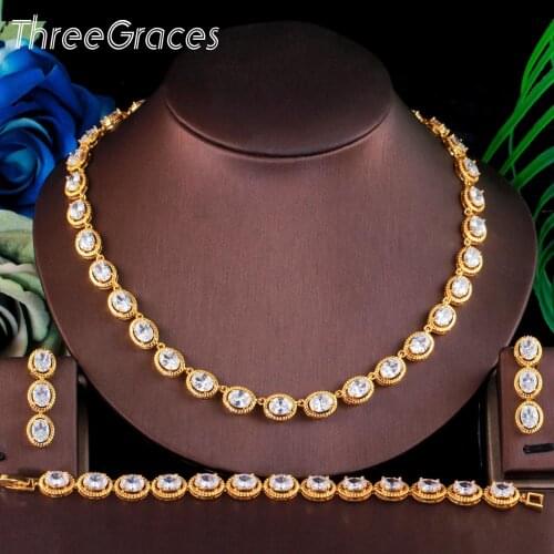ThreeGraces Gorgeous Nigerian Gold Color 3pcs White Big Round CZ Women Wedding Party Necklace Earring Bracelet Jewelry Set TZ561