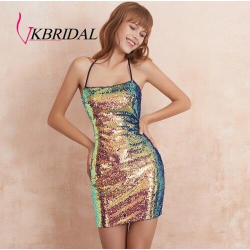 VKbridal Multi-Color Iridescent Sequin Prom Dress Cross Black Graduation Sweeth 15 Party Gowns Short Sparkle Homecoming Dresses