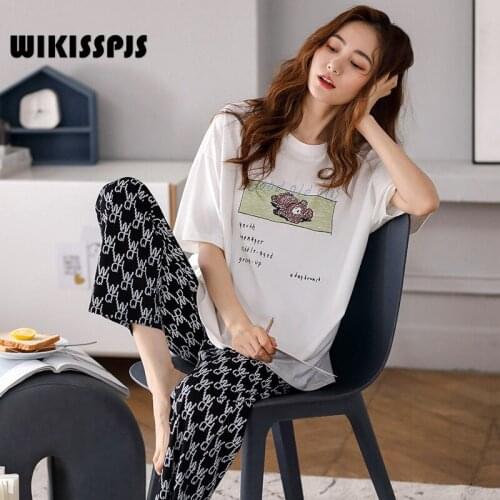 WIKISSPJS Summer Korean Short Sleeve Pants Suit Two Piece Home Casual Suit Kawaii Pajama Sleep Tops Lounge Wear Round Neck