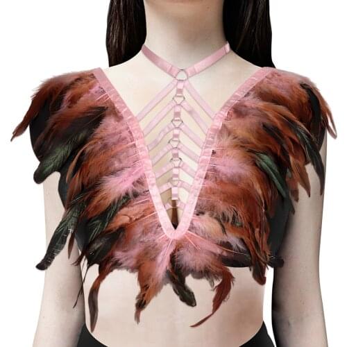 Feathers Harness For Women Hollow Bra Accessories Crop Tops Waist Suspender Belt Sexy Erotic Lingerie Pole Dance Rave Costume