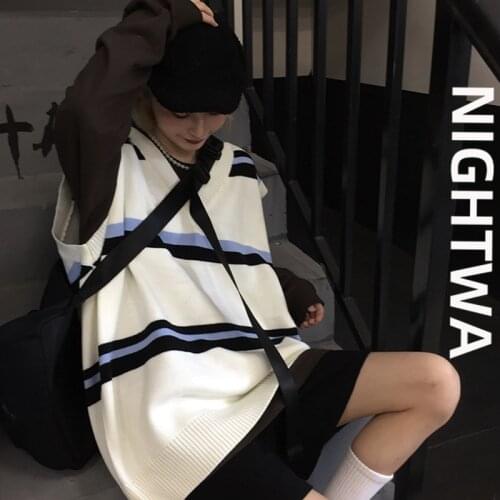 NIGHTWA V-Neck Knitted Vest Women New Korean Fashion Stripe Pattern Sleeveless Knitted Waistcoat Spring Autumn Couple Sweater