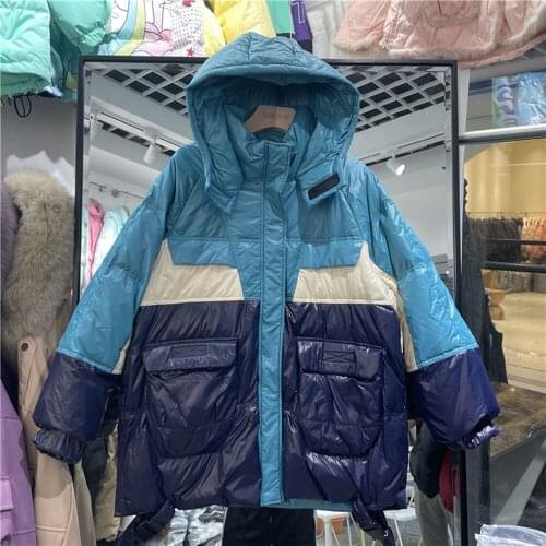 Casual Oversize Winter Down Jacket Women Stand Collar Hooded Thick Female White Duck Down Coat Loose Splicing Warm Down Parka
