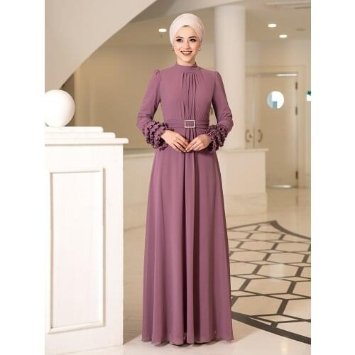 Women Dress Islamic Muslim Long Clothing Stone Belt Sleeves Pleated Lined High Quality Made in Turkey Hidden Back Zipper Judge