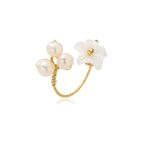 French Retro Baroque Natural Pearl Ring Tail Ring Womens Plum Blossom Index Finger Ring Shell Flower Ring Fashion Temperament