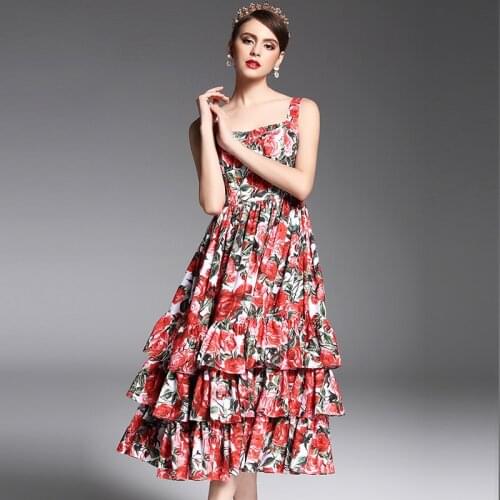 2017 Newest Summer Fashion Designer Runway Dress Womens Spaghetti Strap Sexy Tiered Red Rose Floral Printed Mid Calf Dress