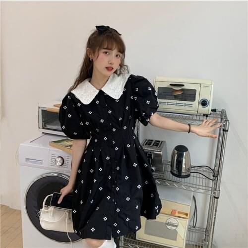 Retro baby collar short sleeve dress womens summer 2021 new Korean high waist slim casual dress