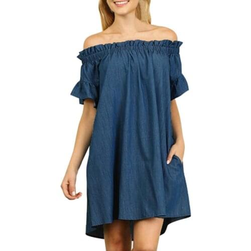 &35 Plus Size Dress Womens Beach Dress Off The Shoulder Bardot Denim Look Shirt Dress Tops Vestidos De Festa Платье Vadim