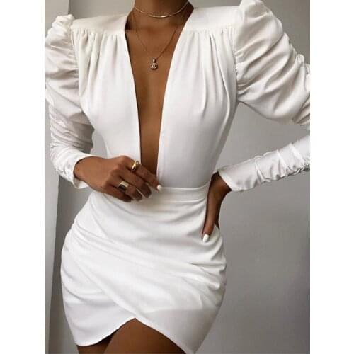 Irregular solid white long sleeve dress female sexy v neck puff sleeve elegant party dress ladies formal workwear vestidos mujer