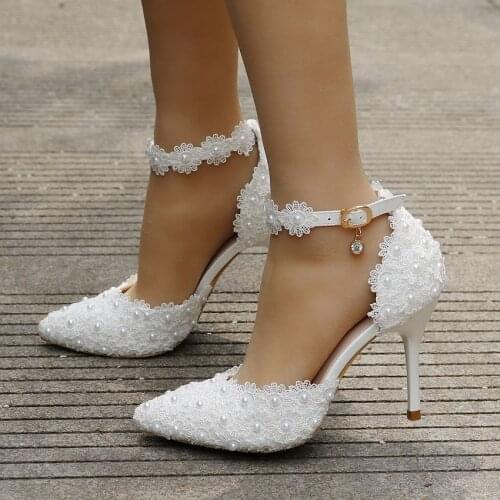 White lace summer sandals shoes for woman sexy point toes thin high heels brial brides wedding sandals shoes dinner party pump
