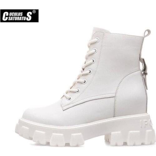 Cuculus Genuine Leather Ankle Boots Shoes Womens Female Ladies Platform Autumn Increase Lace Up Winter Fur Breathable 6014