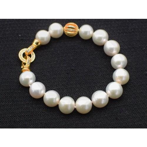 Freshwater pearl AA white round 11-12mm bracelet 7.5inch FPPJ wholesale beads nature 14k gold plated clasp