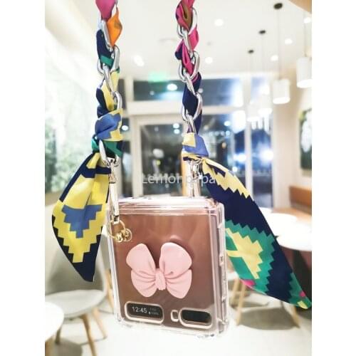 DIY Pink Bow Phone Case for Samsung Z Flip 5G Cover with Wristban Shockproof Shell for Samsung Z Flip Case with Silk Scarf Chain
