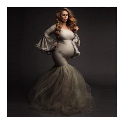 Elegant Mermaid Pregnancy Dresses For Photo Shoot Ruffles Sheer Feathers Custom Made Maternity Gowns Plus Size Puffy Sleeves