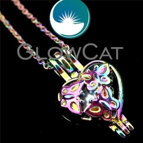 GLOWCAT R-C617 Rainbow Color Butterfly Heart Beads Cage Pendant Perfume Diffuser Aromatherapy Pearl Cage Locket Necklace
